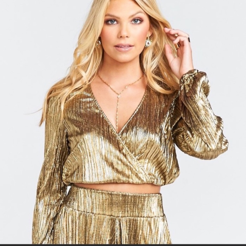 Show Me Your MuMu Gold Metallic Pleated Wrap Crop Top